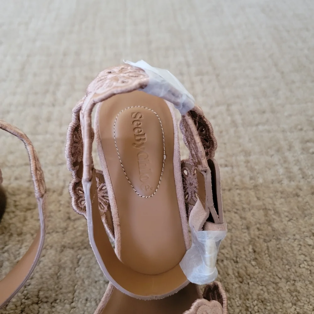 New See By Chloe Laser-Cut Floral Kristy Heeled Sandals in Tan, Size 36